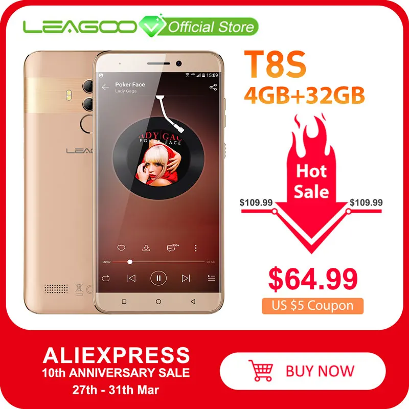 Смартфон с 5 дюймовым дисплеем LEAGOO T8s восьмиядерный процессор MTK6750T Face ID ОЗУ 4 Гб