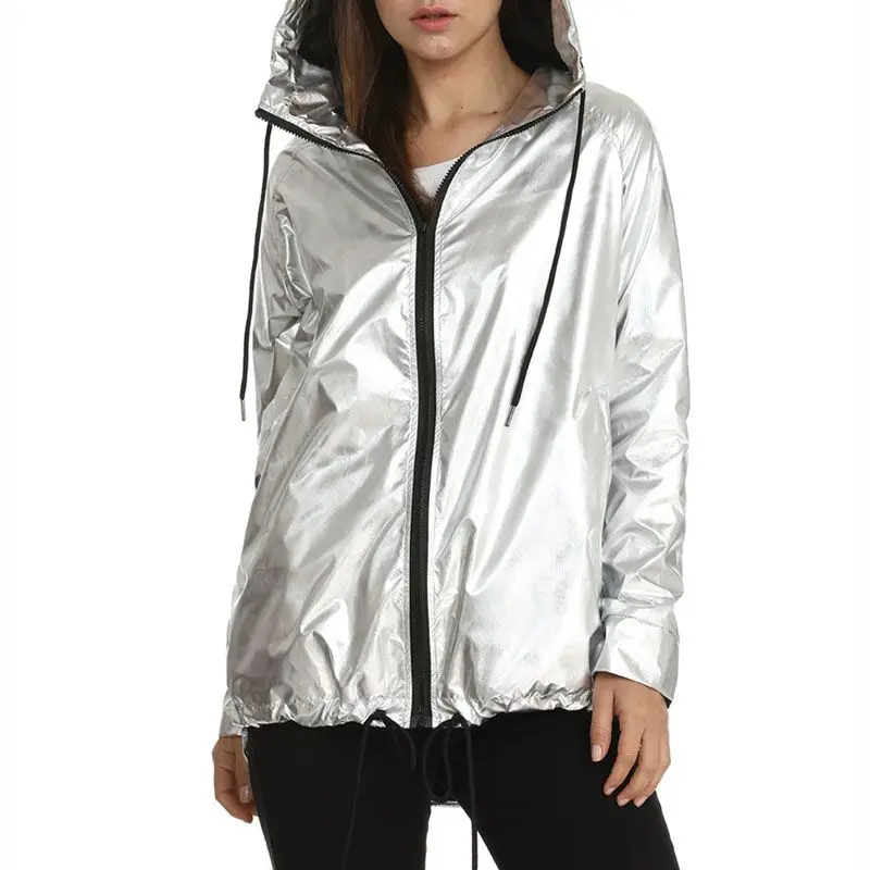 price reduction  Fashion Spring Autumn Coat Women Long Sleeve Jacket Gold Pink Red PVC Raincoat Zipper Punk Unisex W