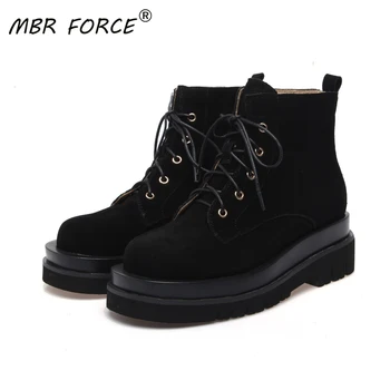 

MBR FORCE Autumn Winter Women Ladies Fashion Short ankle Boots Shoes Western style Boots Black All-match Thick bottom Lace up