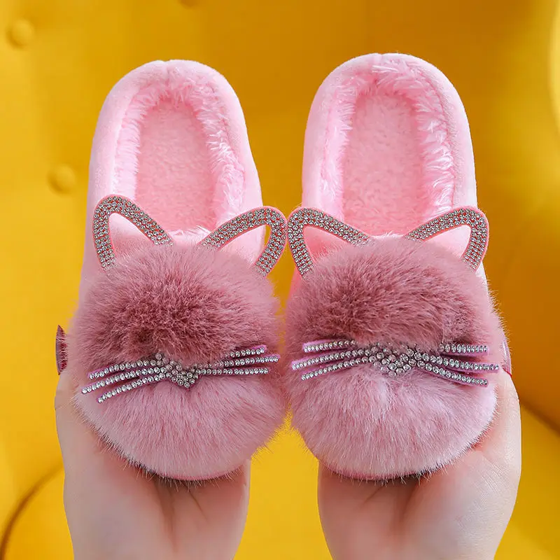 children's shoes for high arches Children's Slippers Winter Kids Cotton Shoes Winter Warm Pink Furry Rabbit Ears Pattern Non-slip Baby Girl Slippers Kids Shoes extra wide fit children's shoes Children's Shoes