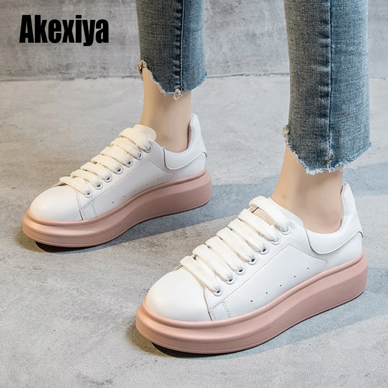 

2020 New Fashion Spring Autumn pu Leather flats sheos Women pink Casual Shoes leisure Lace-up Platform single Shoes s239