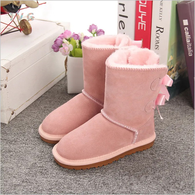 

Girls Australia Style Kids Snow Boots Cute Bow Back Waterproof Slip-on Children Winter Cow Leather Boots Brand Ivg EU21-34