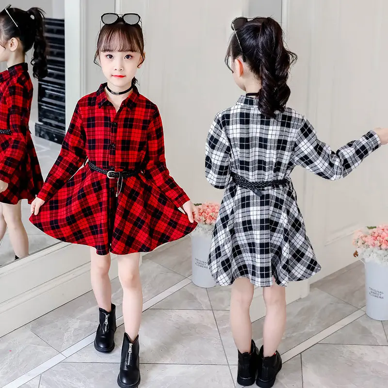 Anak anak Klasik Besar Kapas Merah Hitam Plaid Kemeja dengan Sabuk