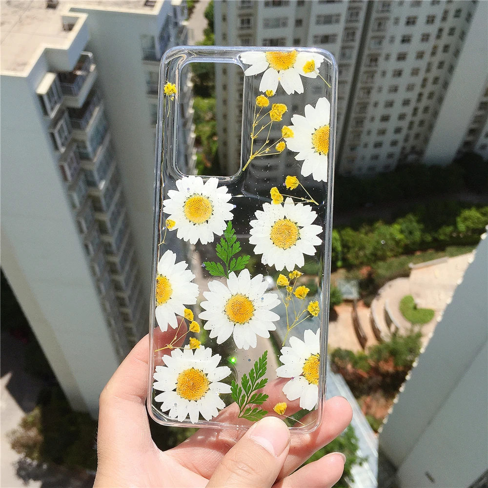 Pressed Dry Real Flower Case for Galaxy S20 + 10 LiteClear Soft TPU Girl Pure Daisy Back Cover for NOTE 20 Ultra A71 A51 A90 5G