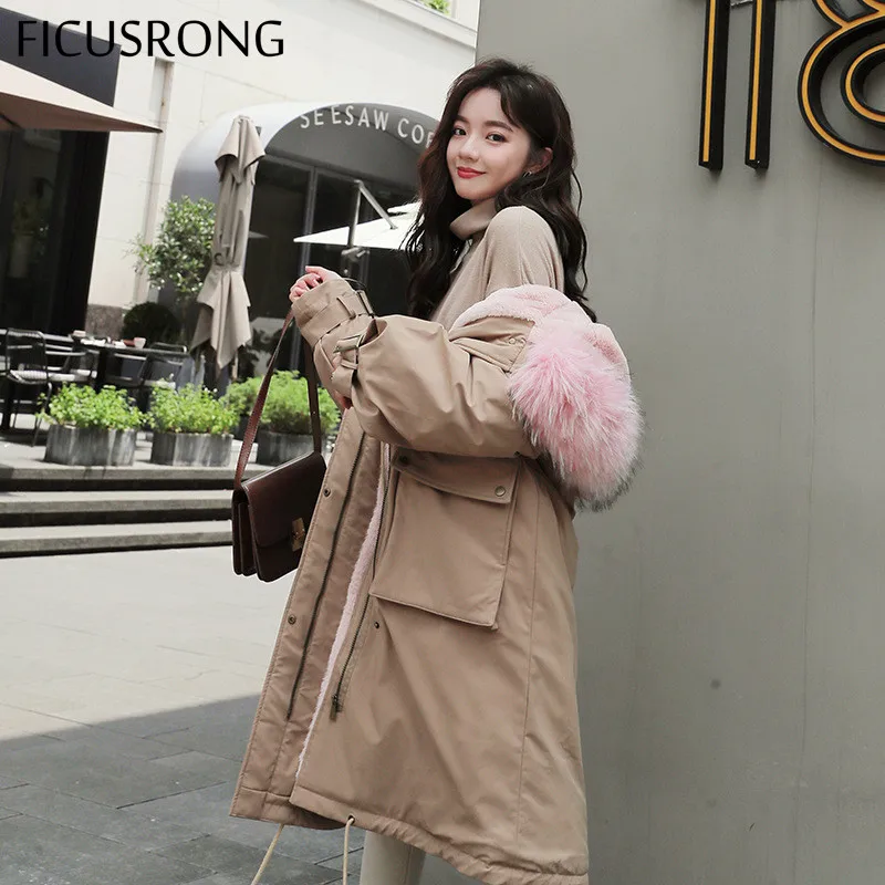 

FICUSRONG Velvet Warm Thicken Big Pocket Ladies Long Faux Fur Coats Parka Womens Jackets Long Women Cotton Padded Winter Jacket