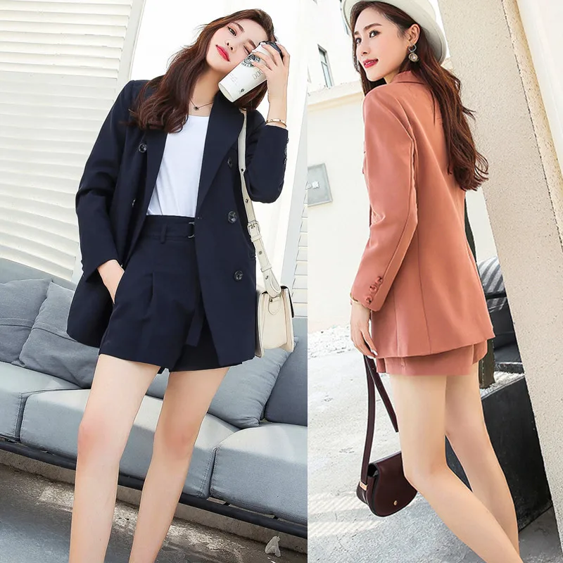 Suit suit new solid color double-breasted loose long-sleeved office ladies jacket shorts simple 2 piece sets womens outfits | Женская