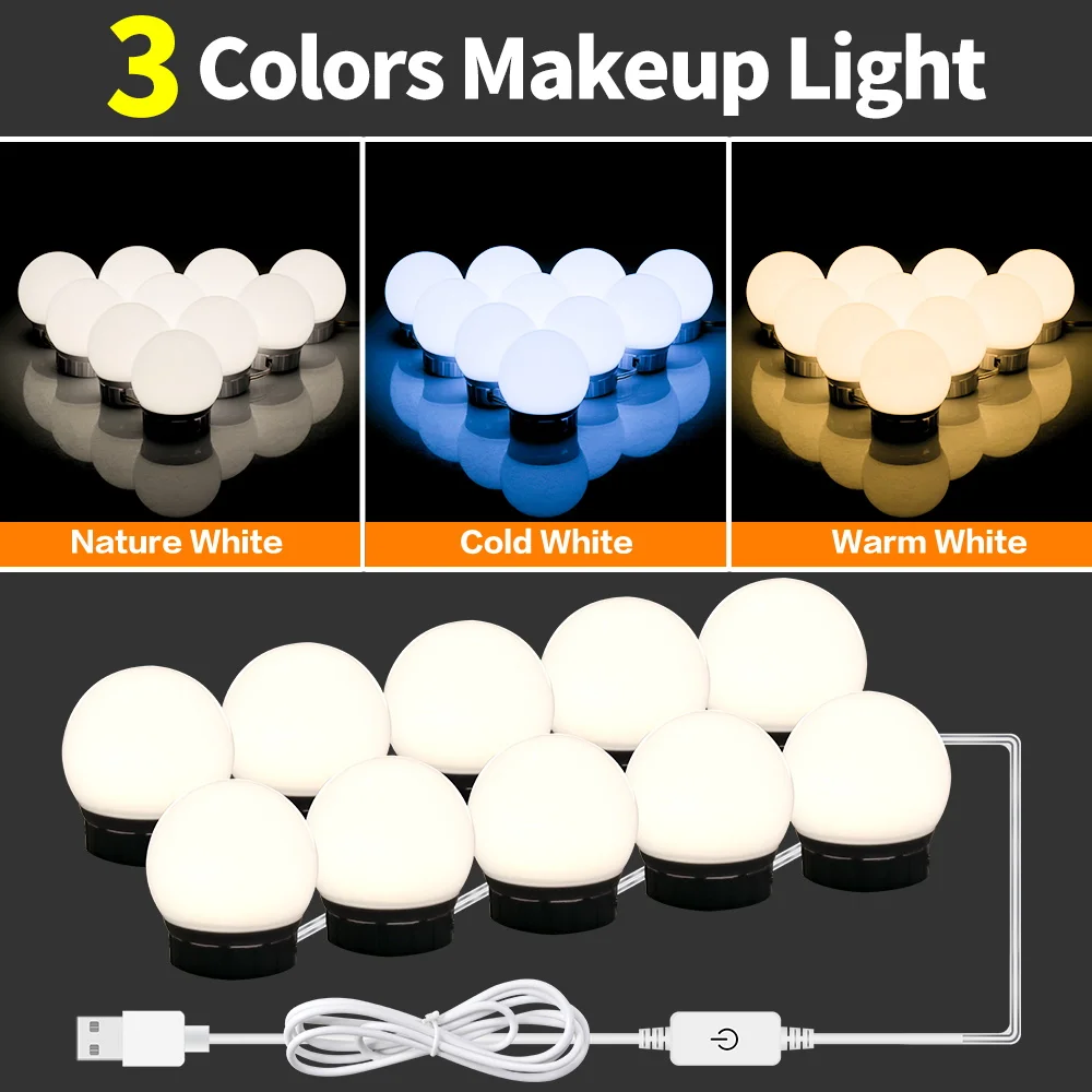 

LED Makeup Mirror Light Vanity 3 Modes Dimmable LED Bulbs 2 6 10 14 Kit LED Cosmetic Lamp DC 12V Wall Lamp for Dressing Table