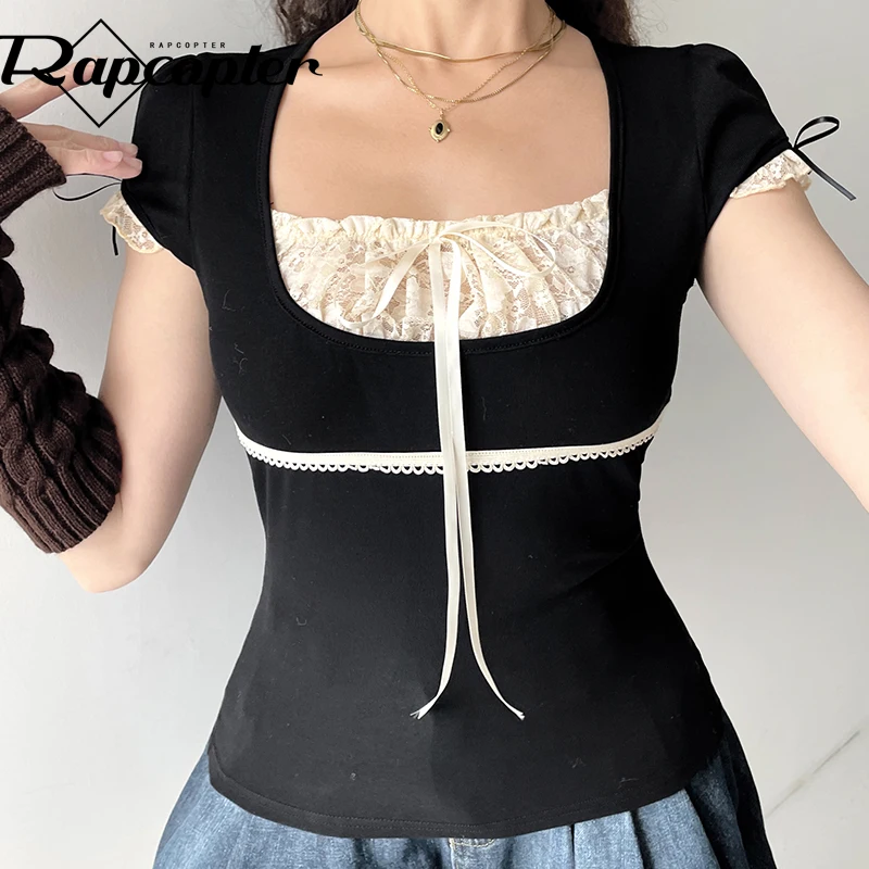 Rapcopter y2k Lace Trim Crop Top Bow Cute Sweet Tee Short Sleeve Harajuku Casual T Shirt Women Prepply Retro Korean Top Summer vintage tees