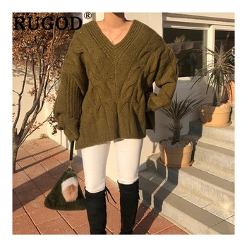 

RUGOD Vintage solid winter warm sweater women Fashion V neck twisted loose pullover female Fashion batwing sleeve oversized wear