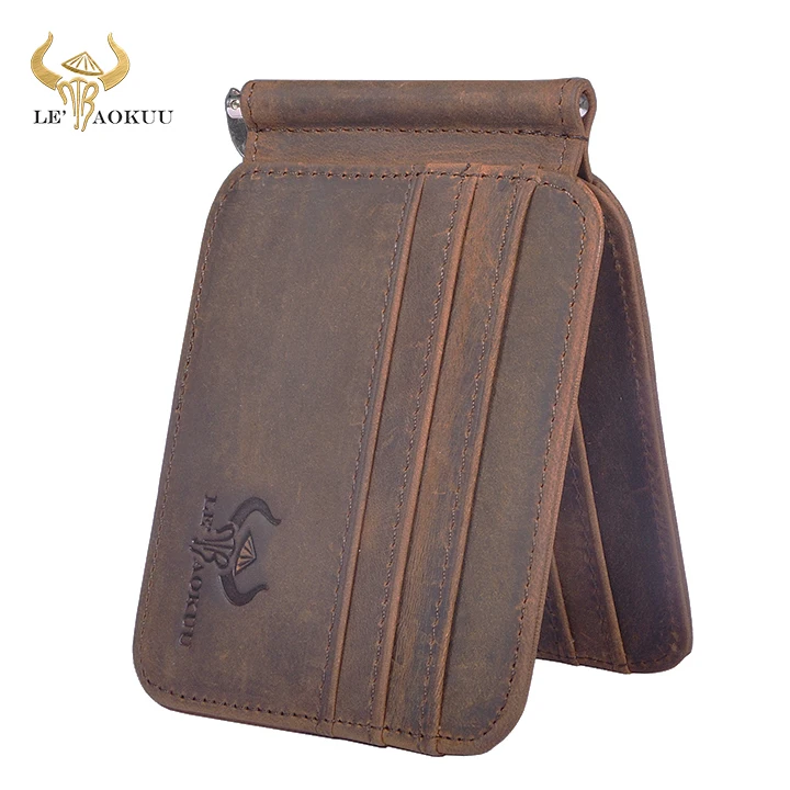 Men Money Clip Wallet Business Card Holder Thick Crazy Horse Leather Case Design Front Pocket Wallet Mini Slim Purse