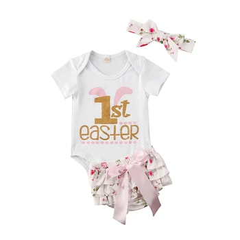 

Newborn Infant Baby Girl My 1st Easter Bunny Romper Tops Floral Shorts Headband Outfit Clothes 3Pcs Cute Summer 0-2Y