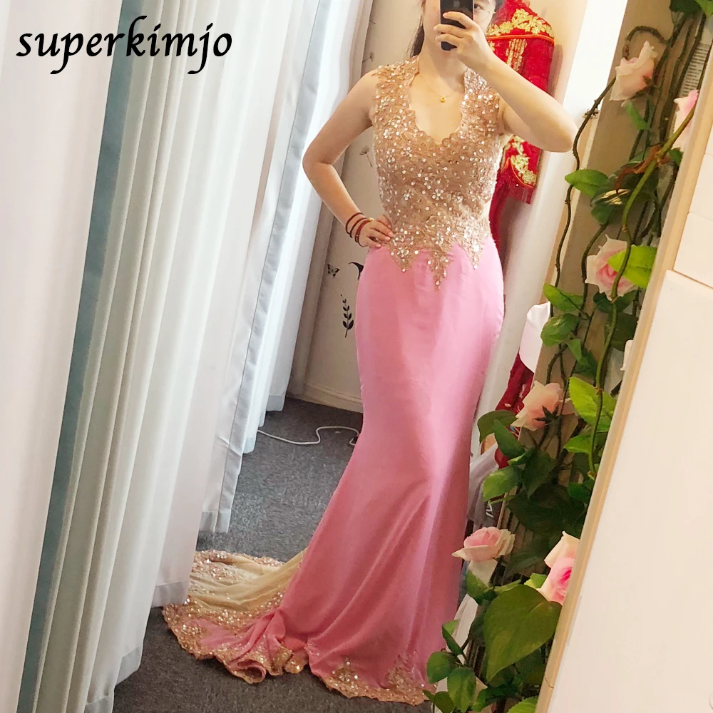 

lace prom dresses real picture mermaid pink 2020 sweetheart neckline court train appliques chiffon beaded evening dresses