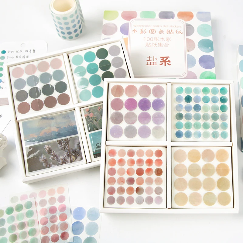 100sheets Watercolor Polka Dot Sticker Bullet Journaling Accessories Scrapbooking DIY Color Label Washi Sticker Stationery Suit 6cm 5m chinoiserie masking tape hand account sticker bullet journaling accessories green mythical wonderland stickers aesthetic