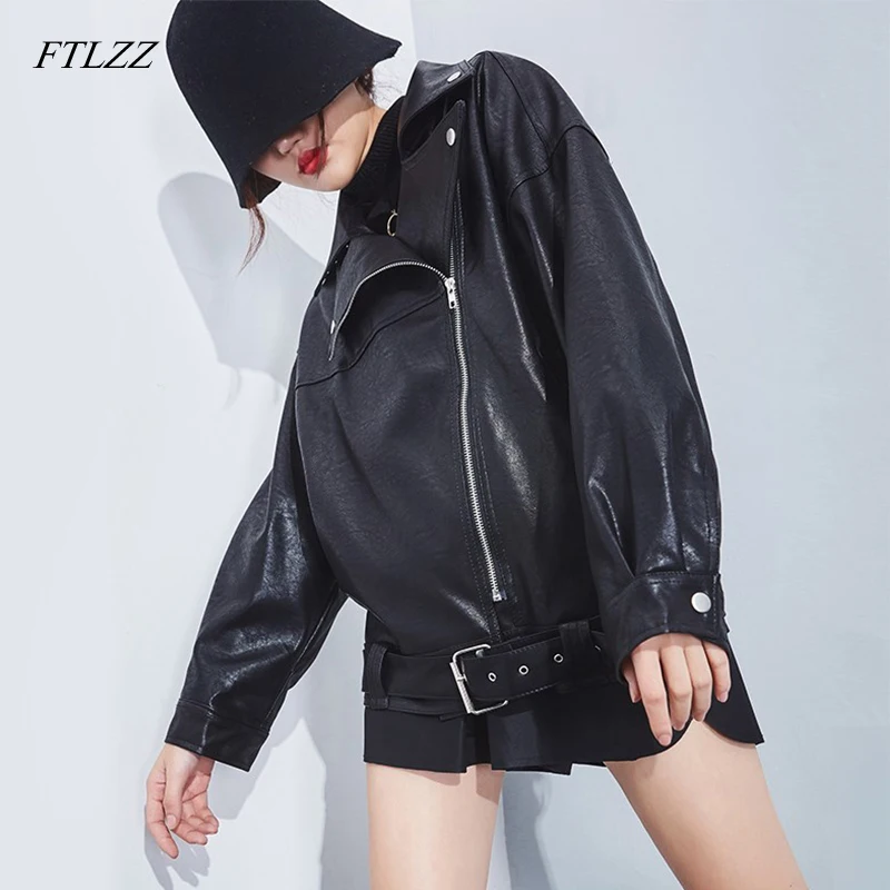 FTLZZ Новинка 2020 Весенняя черная Свободная куртка из искусственной кожи с отложным