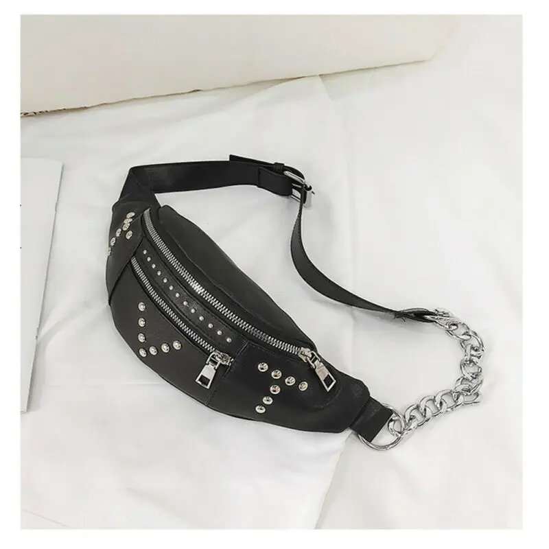 

2019 Newest Hot Women's Fashion Sequin Rivet 2 Zippers Waist Bag Single Shoulder Chest Bag Mobile Coin Purse
