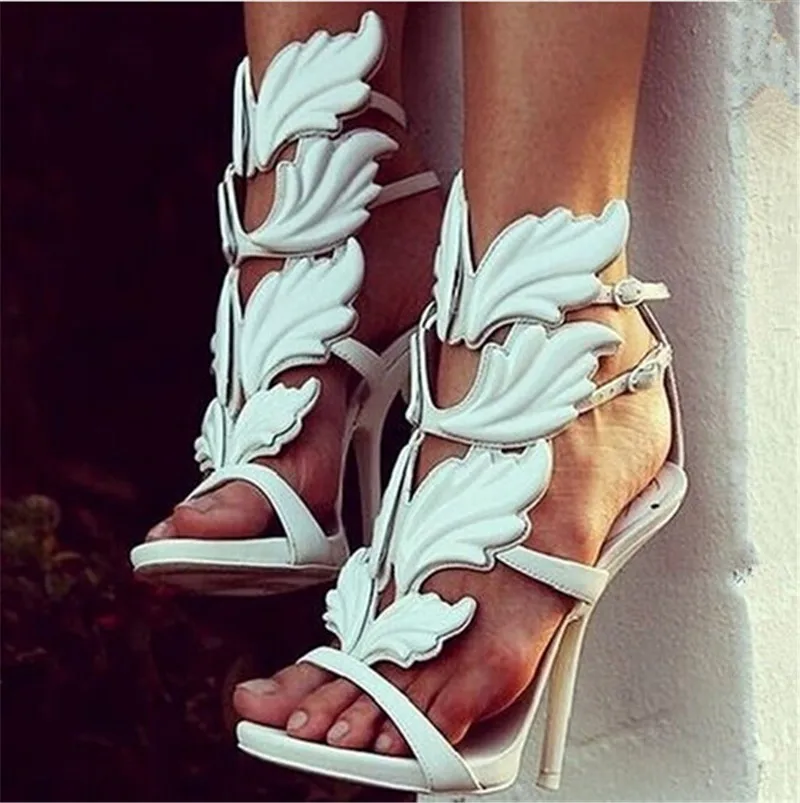 

2020 Summer Lady Shoes Simple Solid Color Buckle High Heels Sexy Sequin Shining Shoes Elegant Woman Leaves Angle Wings Sandals