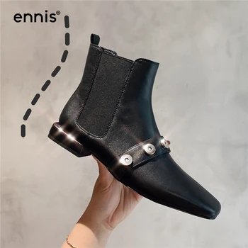 

ENNIS Brand Women Genuine Leather Boots Low Heel Ankle Boots Fur Style Slip On Female Boots Black Gray Autumn Shoes New A9246
