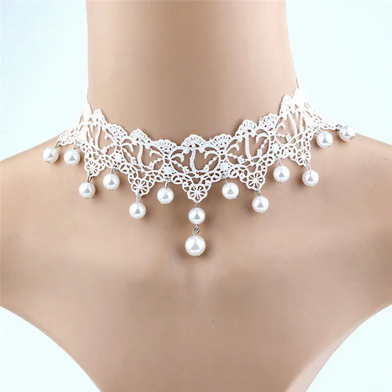 Fashion Elegant Vintage Imitation Pearl White Lace Statement Choker Necklaces Bridal Jewelry For Women Wedding