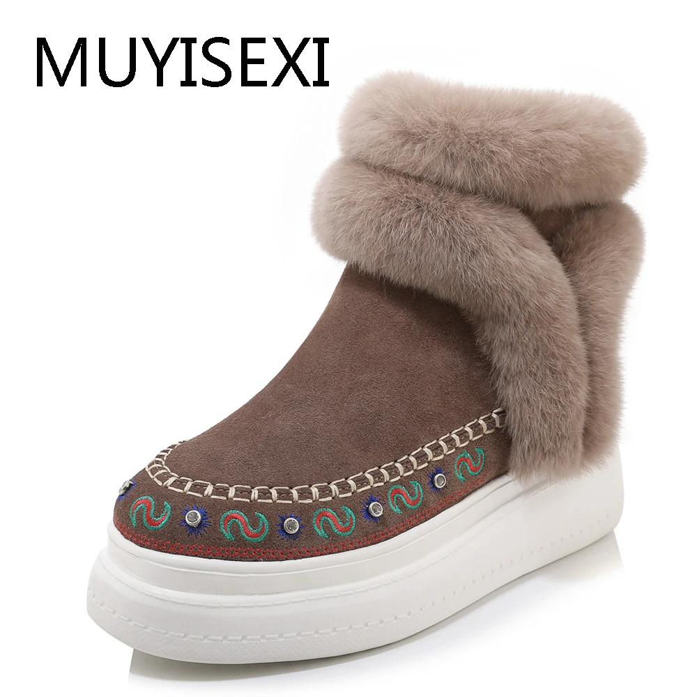 

New winter woman super keep warm genuine leather fur snow boot round toe 6cm heel flat platform ankle TMEI06 MUYISEXI