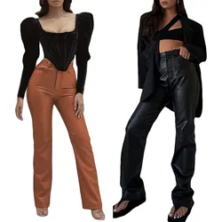 Pantalons en Faux cuir pour femmes, pantalons décontractés à taille haute, de couleur unie, à jambes droites 