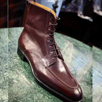 

Men New Fashion Pu Leather Low Heel Pointed Toe Lace-up Design Ankle Shoes Male Vintage Classic Casual Retro Martin Boots 4M123