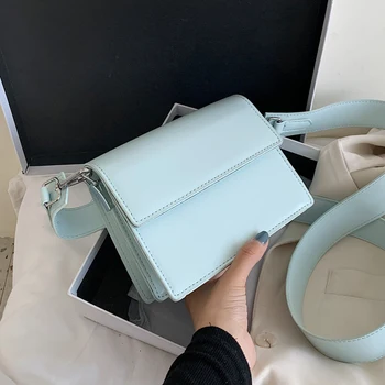 

New High-quality Leather Women's Handbag Shoulder Messenger Bag with Wide Shoulder Strap Solid color Square Crossbody bag 2020