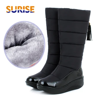 

Winter Women Snow Boots Round Toe Plush Patent Leather Winter Black Brown Tassel Casual High Heel Wedge Platform Mid-calf Boots
