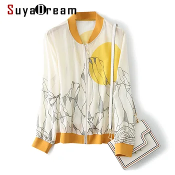 

SuyaDream Women Silk Jackets 100%Silk Print Zip-up Sweatshirts 2020 Summer Fall Office Lady Outwear