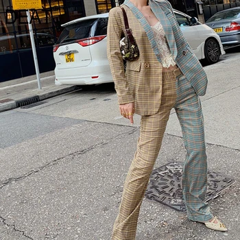 

DEAT Vintage Checked Suit Clothes Full Sleeve Turn Down Collar Plaid Full Length Pants Two Piece Set Women 2020 Autumn New TD320
