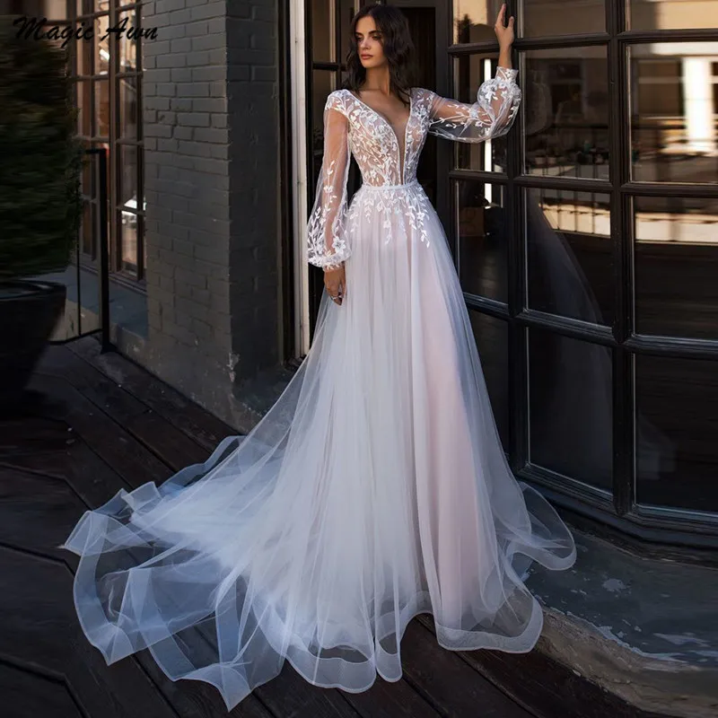 

Magic Awn 2021 Princess Long Sleeves Wedding Dresses Lace Appliques See Through Boho Country Bridal Gowns Beach A-Line Plus Size