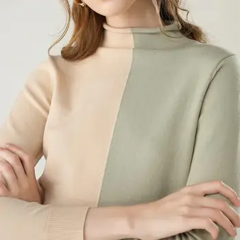 

Vintage Patchwork Slim Turtleneck Sweater Women Wool Blends Sweater Pullover Plus Size Knitted S Sweaters