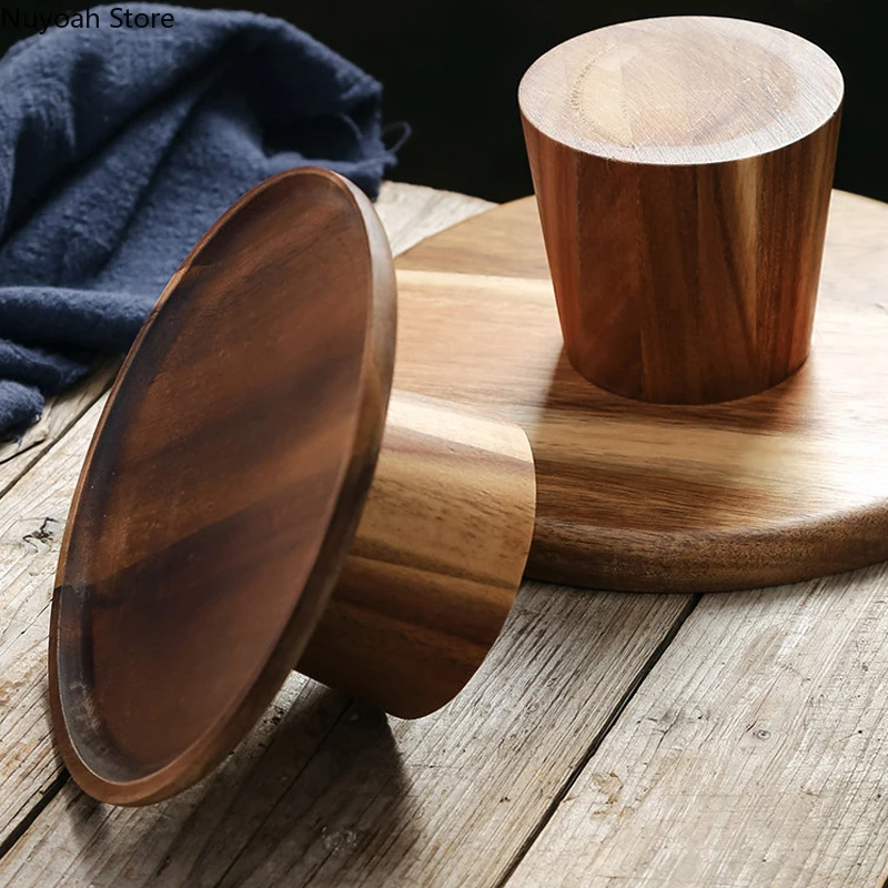 Household Round Solid Wooden Tray Fruit Snack Sushi High-footed Cake Plate Wooden Tray Kitchen Tool Living Room Display Plate