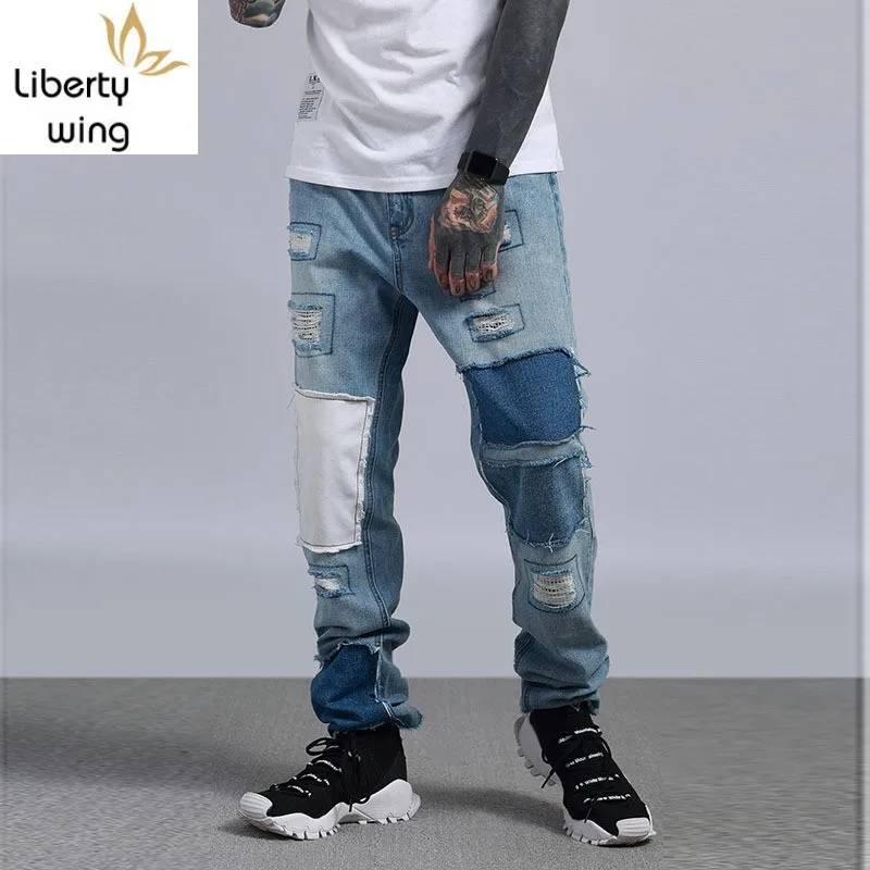 

Fashion Mens Denim Long Pants Vintage Frayed Patchwork Wide Leg Jeans Street Hip Hop Washed Biker Zipper Quality Trousers Men