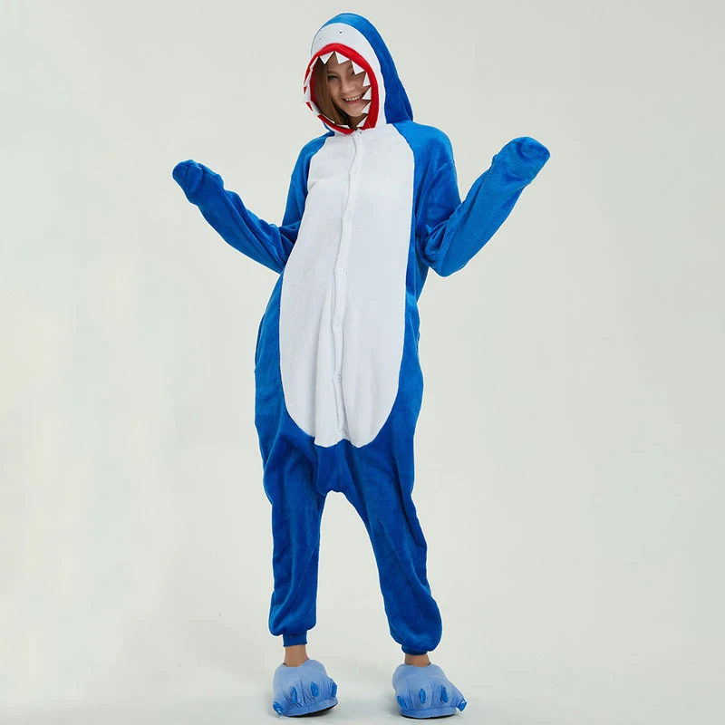 Kigurumi синяя Пижама с акулой для женщин и девочек, зимний комбинезон с мультяшными животными для мужчин, забавный комбинезон для взрослых, теплые вечерние комбинезоны