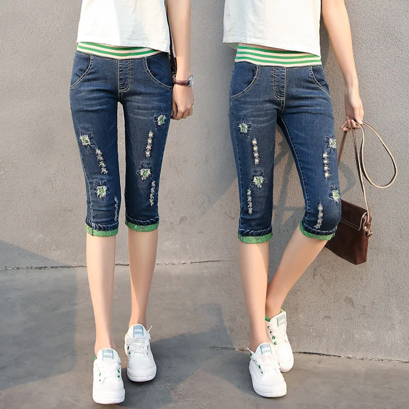 Summer Elastic Waist Cuffs Denim Capri Jeans Women Ripped Hole Patch Streetwear Jean Shorts Skinny Stretch Knee Length Pants Summer Elastic Waist Cuffs Denim Capri Jeans Women Ripped Hole Patch Streetwear Jean Shorts Skinny Stretch Knee Length Pants
