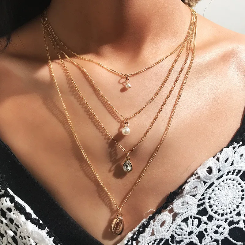 

New multi-layer women's necklace fashion shell crystal imitation pearl pendant women's necklace bohemian fashion party jewelry