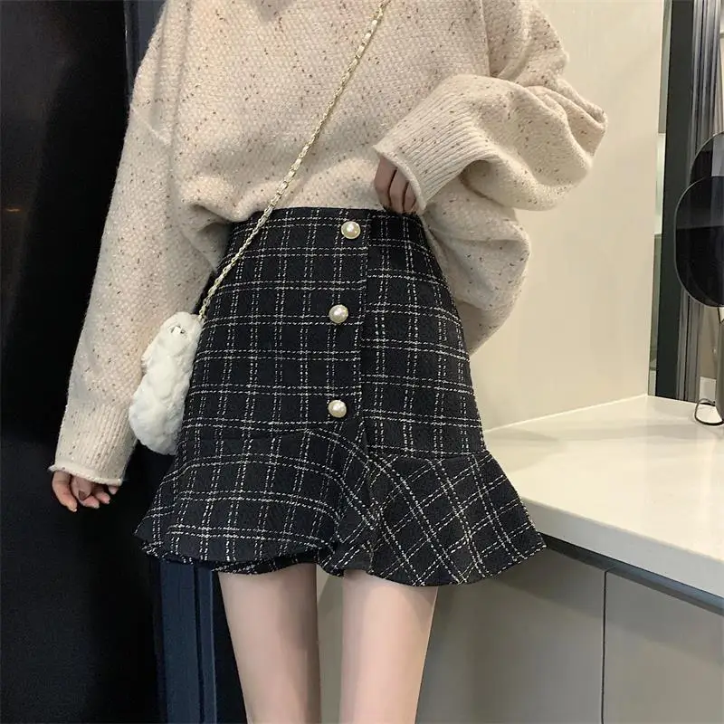 

Photo Shoot 2019 WOMEN'S Dress Winter New Style Versatile Graceful Plaid Fishtail Skirt Slimming A- line Skirt Short Skirt