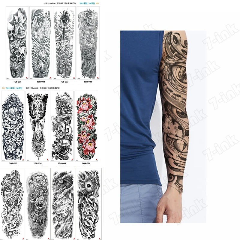 

Black Temporary tattoo sticker Full arms Flash Tattoos Sleeve skull Robot arm big eyes fake tattoo for Men and Women