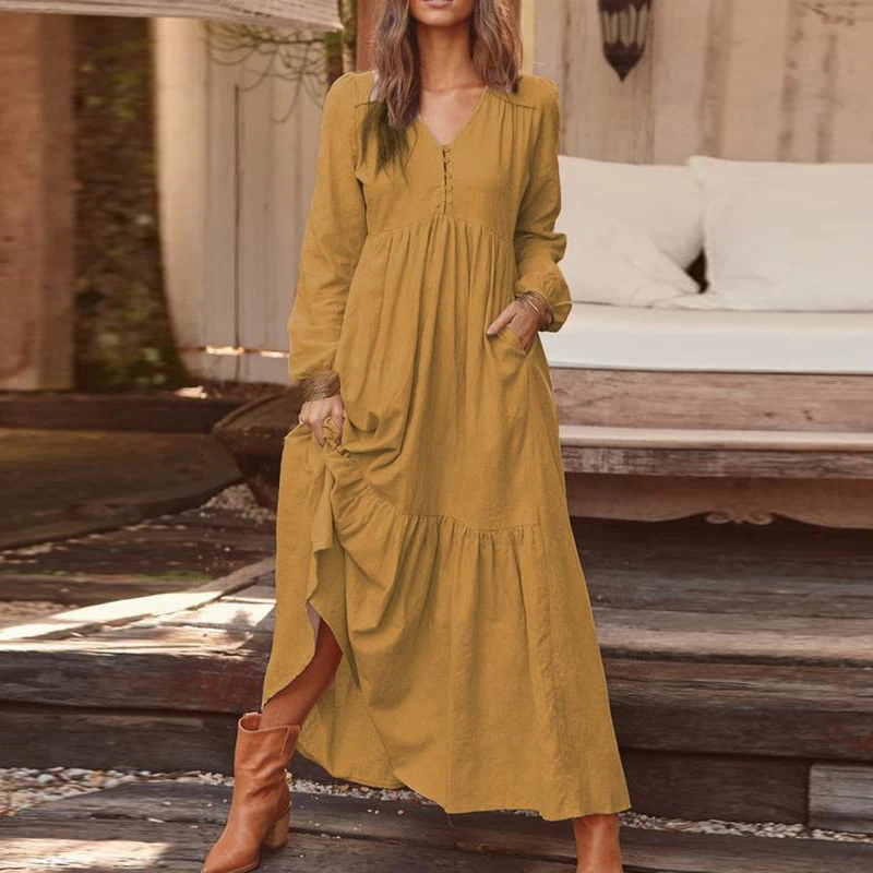 

Women Boho Dresses V-Neck Long Sleeve Beach Solid Casual Loose A Line Party Dress Female Autumn