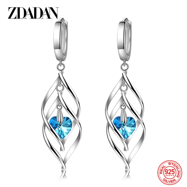 ZDADAN 925 Sterling Silver Hollow Blue Crystal Long Drop Earrings For Women Fashion Wedding Jewelry Gift 4