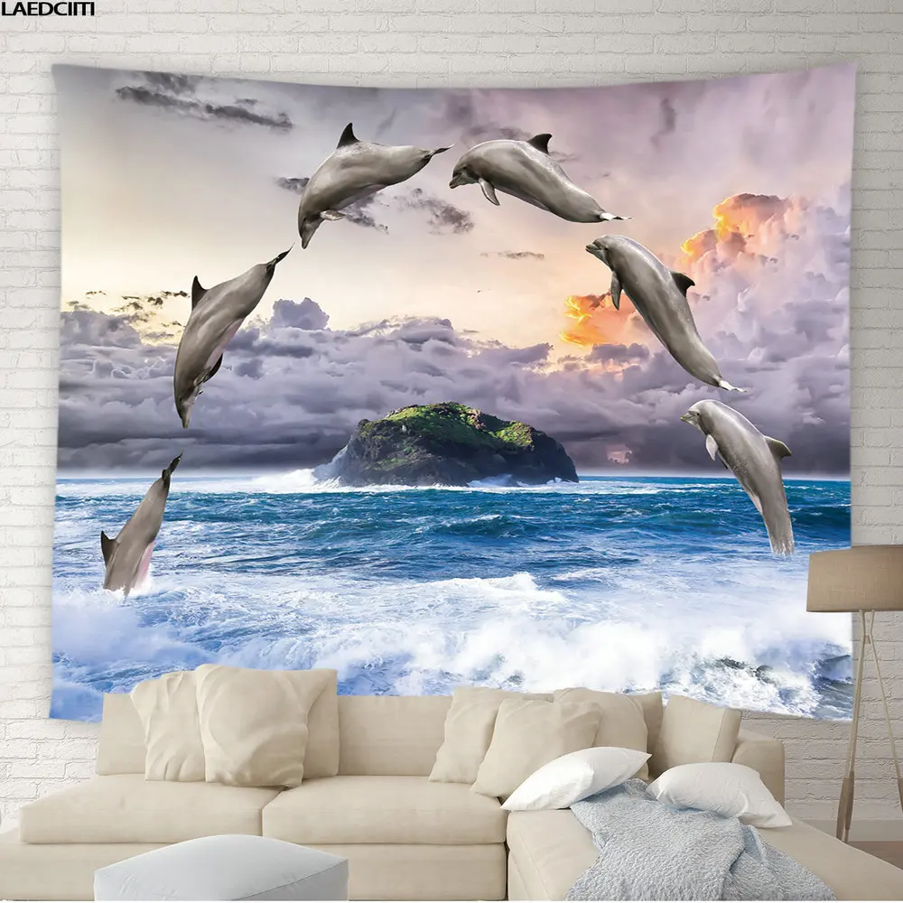 Delfini Arazzo Ocean Animals Waves Natural Scenery Wall Hanging Sandy Beach Camping Sleeping Pad Home Decor Lenzuolo Copriletto