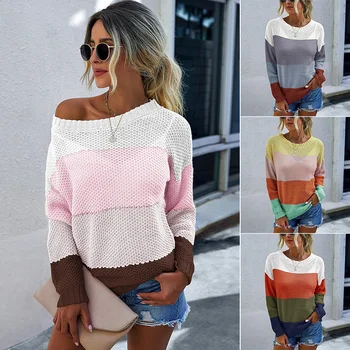 

Women Sweater Stitching Contrast Color Comfortable Casual Long-Sleeved Pullover Knitted Casual Sweaters