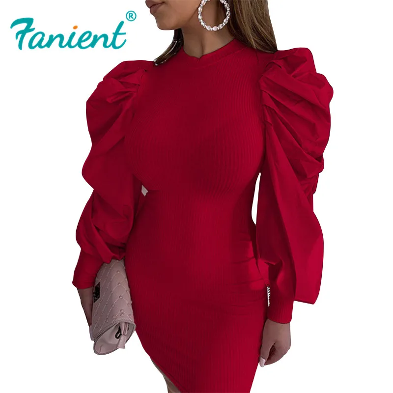 Женское винтажное трикотажное платье с длинным рукавом облегающее Черное