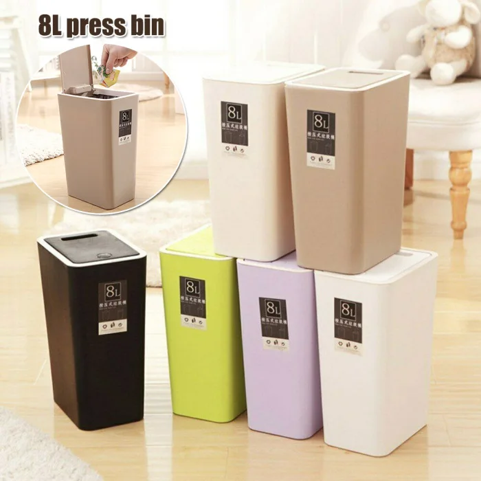 8L Plastic Trash Can Pressing Cover Home Kitchen Office Waste Bin SP99