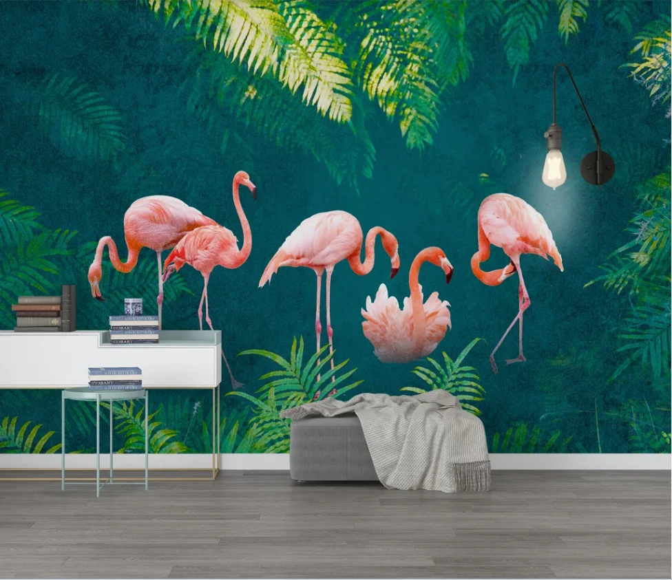 

Custom photo wallpaper mural Nordic nostalgic tropical plant flamingo background wall