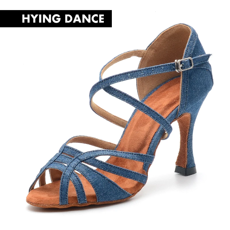 HYING DANCE Ladies Latin Dance Shoes - Navy Denim Flare Heels | Спорт и развлечения