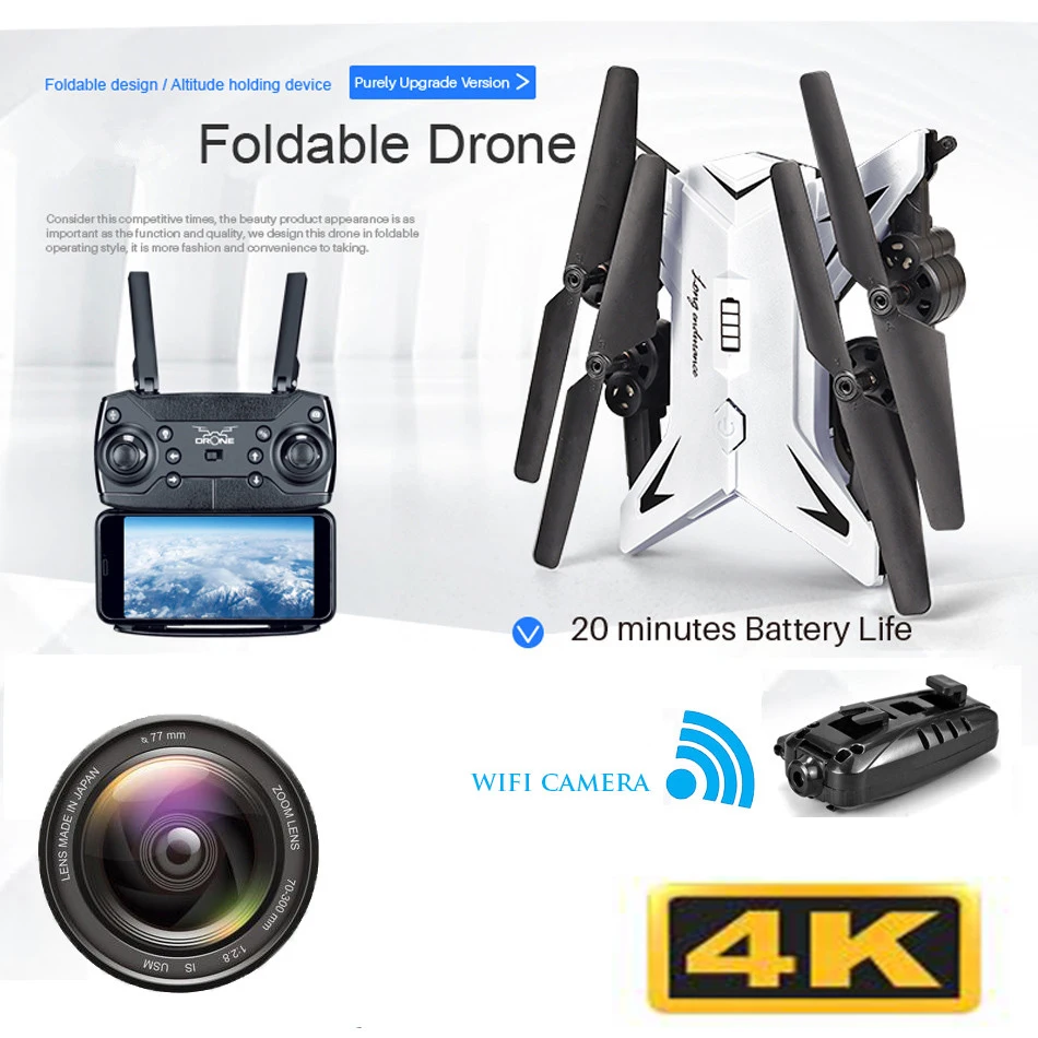

Professio 4K HD Camera RC Drone Quadcopter WIFI FPV 20Min Flight Time Hlicopter with Altitude Hold Headles Mode Children Toys