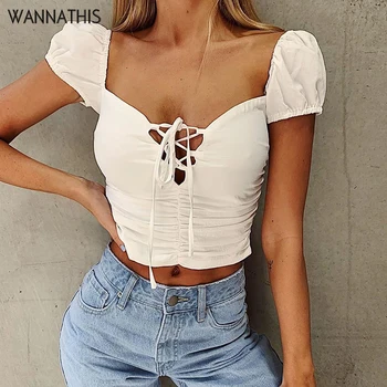 

WannaThis V-Neck Puff Sleeve Crop Tops Women Front Lace up Slim Elastic White Ruched Backless Sexy Cropped Top Ladies Summer New