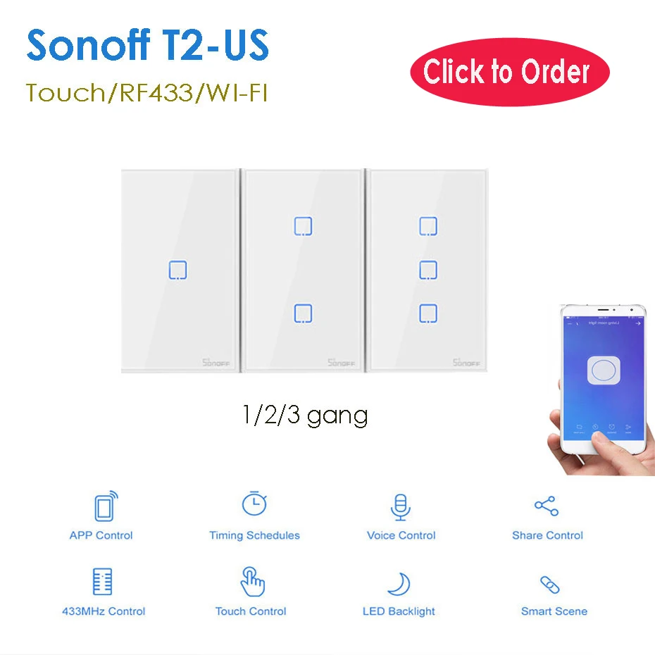 Itead Sonoff T2 US 1 2 3 gang Smart Wall Light Switch with Border,Touch RF433 wifi Control,Works With Alexa Google Home,120 Size