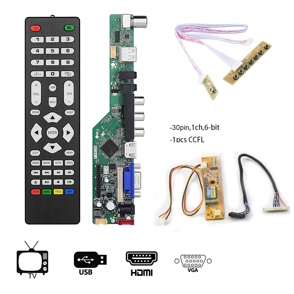 

T.V53.03 Universal LCD TV Controller Driver Board V53 analog TV motherboard 14" 15.6" lvds screen 1280x800 TV/USB/VGA/HDMI